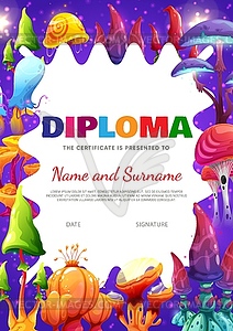 Kids diploma certificate, fairy cartoon mushrooms - stock vector clipart