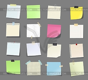 Note paper with tape and stickers, notepad notice - vector clip art