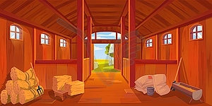 Cartoon farm stable or barn interior with hayloft - vector image