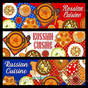 Russian cuisine banners, traditional food dishes - vector clipart