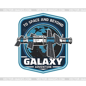 Orbital space station, galaxy adventure retro icon - vector clip art