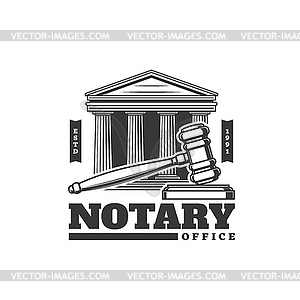 Notary office icon, judge gavel and lawyer court - white & black vector clipart