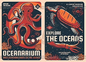 Octopus, squid, sea turtle and crab retro posters - vector clip art