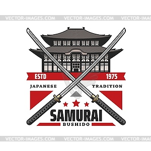 Samurai bushido icon, Japanese katanas, pagoda - vector clip art