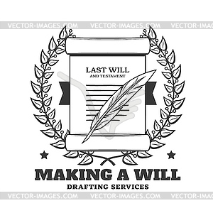Last will, testament drafting notary service icon - vector image