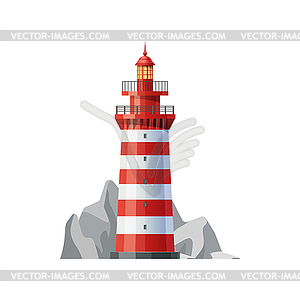 Sea lighthouse icon, ocean light house with rocks - vector clipart