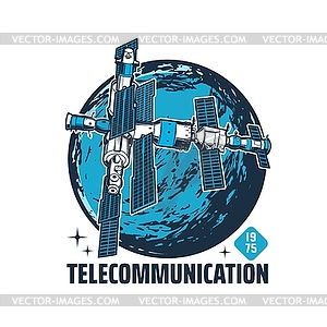 Orbital space station and Earth planet retro icon - vector clip art