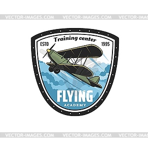 Flying academy retro icon with vintage airplane - vector clipart