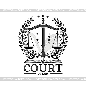 Justice icon with scales, laurel wreath and book - vector clip art