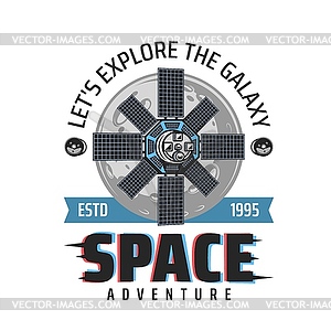 Space adventure icon, satellite on orbital station - vector clipart