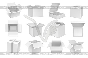 White cardboard, carton, paper box package mockups - vector clipart