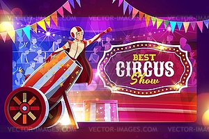 Cartoon gun man performer on shapito circus stage - vector image