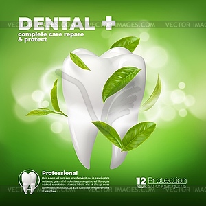 Dental care flying green leaves, herbal toothpaste - vector clipart