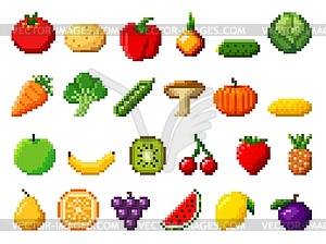 Retro pixel art fruits, vegetables 8bit game icons - vector clipart