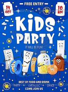 Kids party flyer poster, cartoon pills medications - vector image