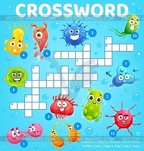 Cartoon microbes, viruses crossword worksheet - vector image