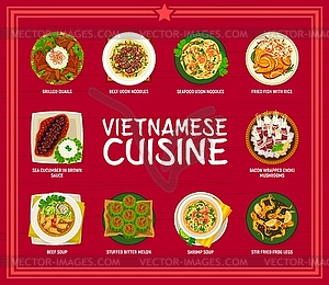 Vietnamese cuisine menu with Asian dishes frame - vector clipart