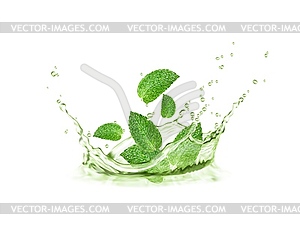 Crown herbal tea splash with mint leaves and wave - vector clip art