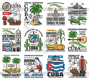 Cuba travel icons, Havana Caribbean tourism tours - vector clipart