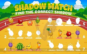 Shadow match game worksheet with cartoon fruits - vector clipart