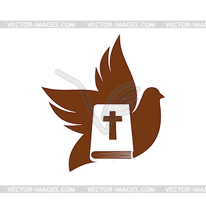 Christianity religion icon Bible, cross and dove - vector image