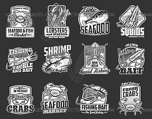 Sea fishing icons, monochrome emblems set - vector clip art