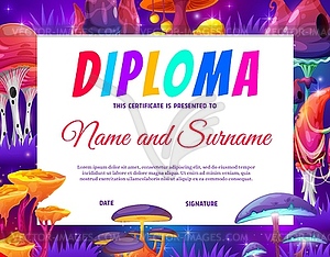 Kids diploma, fairy mushrooms in fantastic forest - royalty-free vector clipart