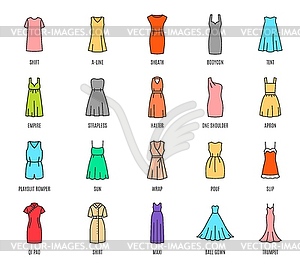 Woman dresses icons, female fashion - vector clipart
