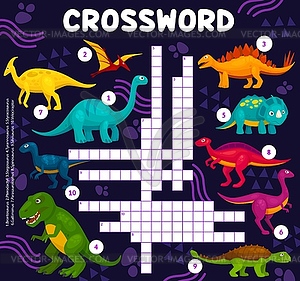 Cartoon dinosaur reptiles, crossword worksheet - vector image