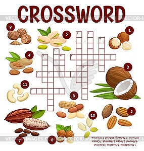 Cartoon nuts and beans crossword worksheet game - vector clip art