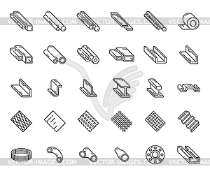 Steel and aluminium rolled metal, profile icons - vector image