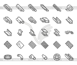 Steel and aluminium rolled metal, profile icons - vector image