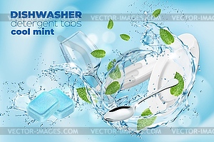 Dishwasher detergent cool mint tablets promo ads - vector clipart