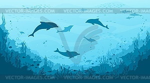 Underwater landscape with dolphin silhouettes - vector clipart