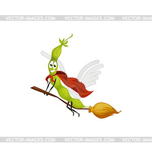 Cartoon bean witch character flying on broom - vector clipart