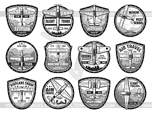 Air travel and airplane show icons set - royalty-free vector clipart