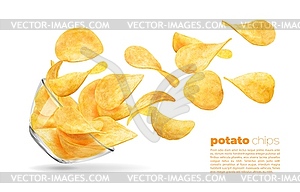 Falling wavy potato chips, glass bowl with chips - vector image