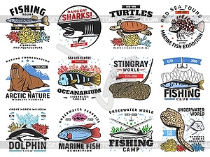 River and ocean fishes, sea animals icons set - vector image