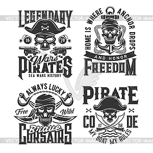 Pirate or corsairs skulls grunge prints templates - vector image
