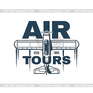 Air tours icon with vintage propeller airplane - vector image