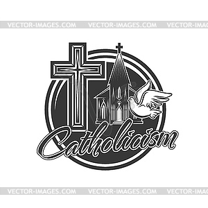 Catholicism religion church icon with dove, cross - vector image