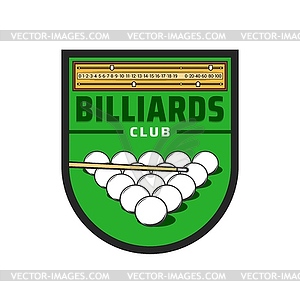 Billiards club icon, snooker balls and pool cue - vector image