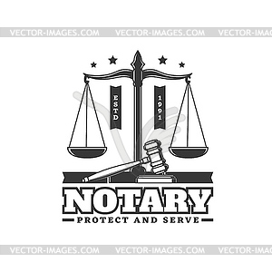 Notary service retro icon with scales and gavel - vector EPS clipart