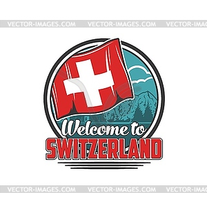 Switzerland travel icon with Swiss flag and Alps - vector clip art