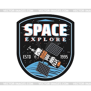 Space explore icon, station with universe planet - vector image