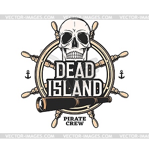 Pirate crew icon, skull, helm, anchor and spyglass - vector image