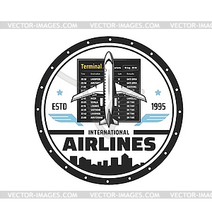 International flights icon, plane, departure board - vector clipart