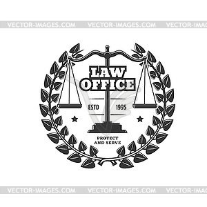 Law office icon with laurel wreath and scales - vector EPS clipart