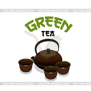 Green Asian tea icon with tea ceremony set - vector clip art