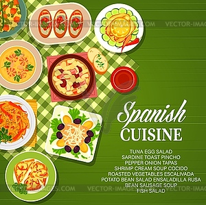 Spanish food poster, vegetable tapas, fish, meat - vector clipart